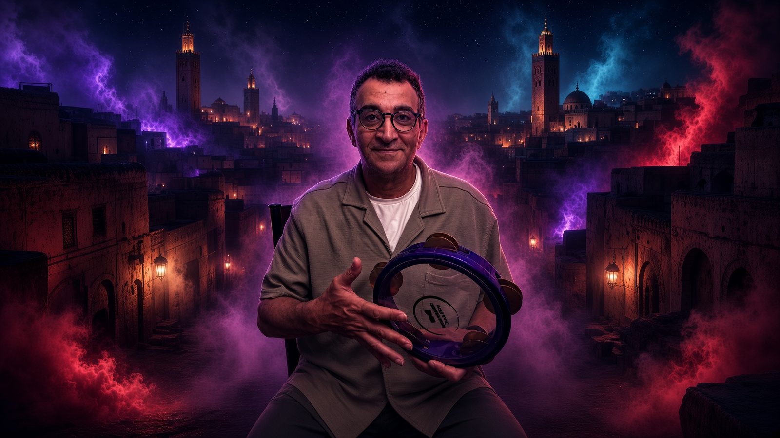 Mourad Youssef Bouajaja holding a riq in an imagined night medina wrapped in purple and red smoke